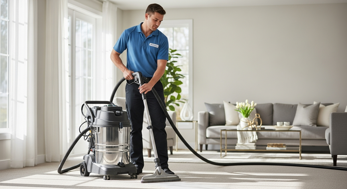 Carpet cleaning technician using steam extraction on residential carpet