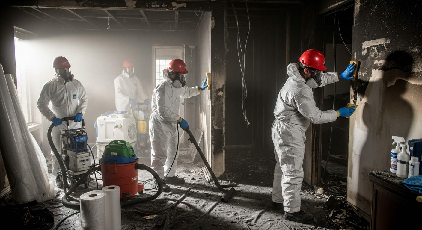 Fire and smoke damage restoration crew cleaning a fire-damaged room