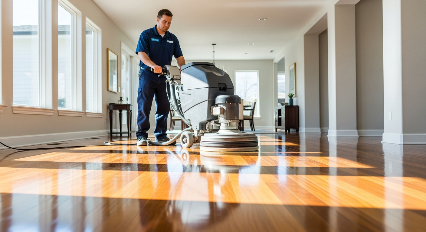 Professional floor cleaning technician polishing hardwood floors